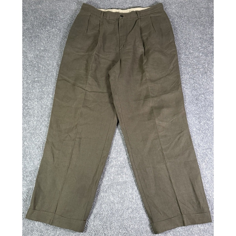 Vintage Brooks Brothers Pants Mens 34x29 Olive Green 100% Linen Pleated Cuffed